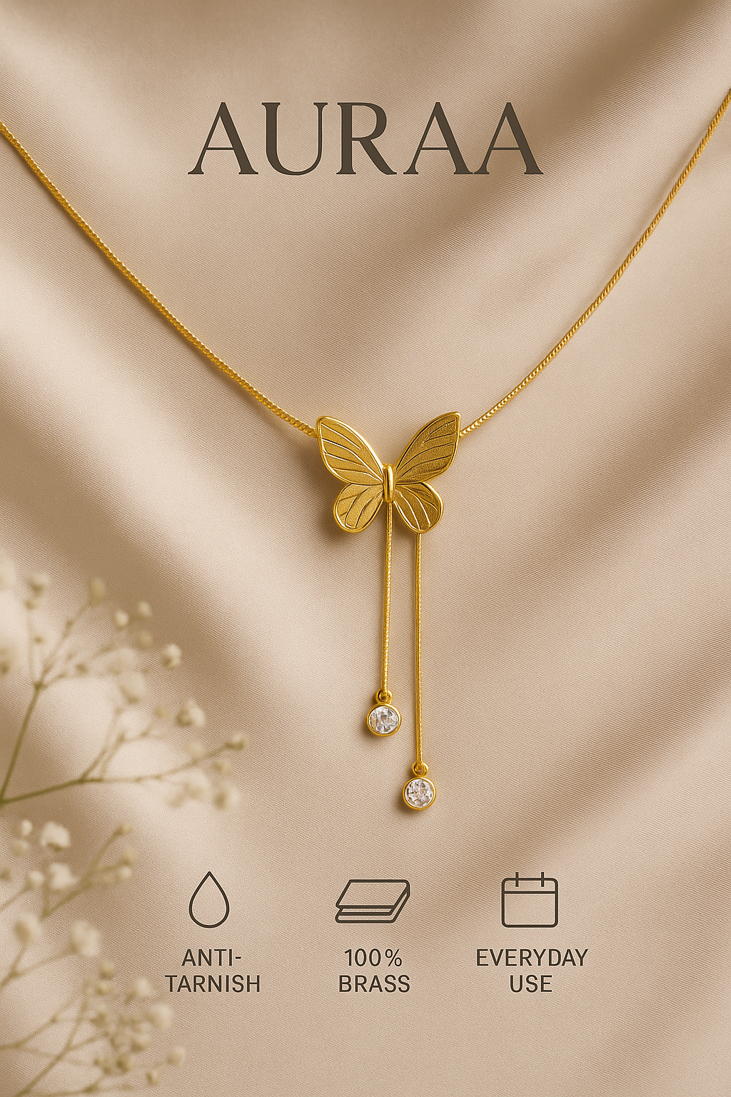 Stainless Steel Golden Butterfly Necklace With Drop Stones