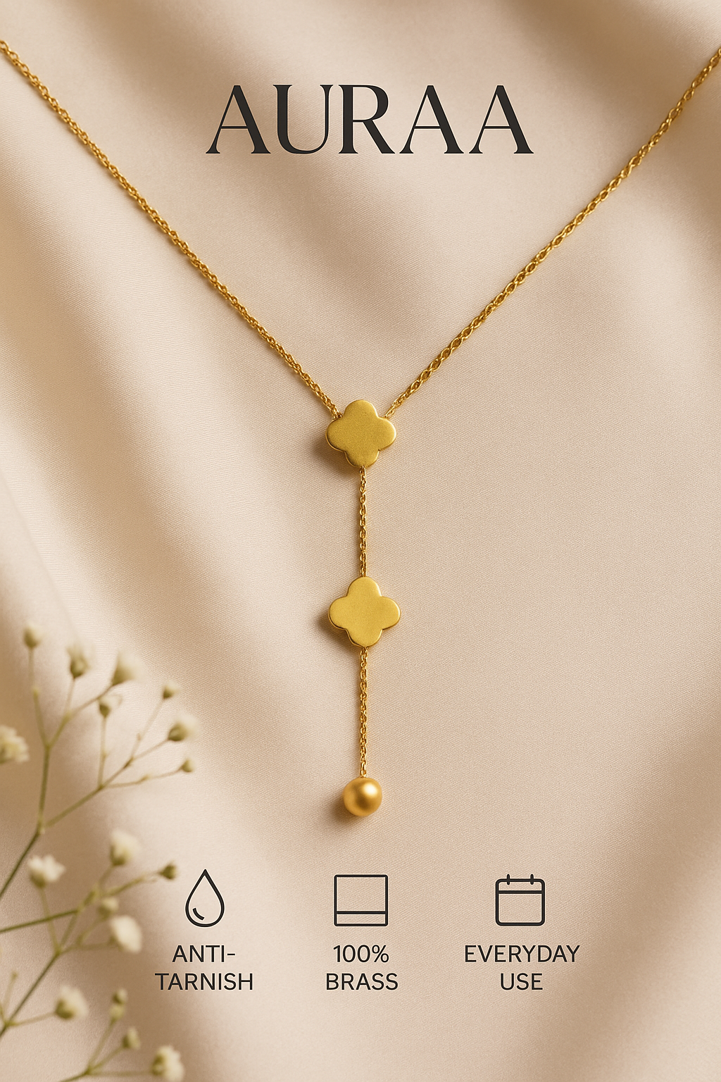Stainless Steel Golden Clover Pendant Necklace With Drop Ball