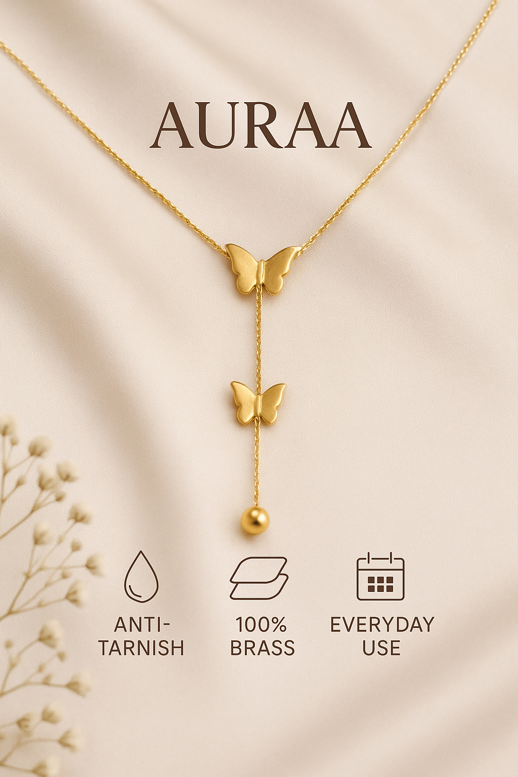 Stainless Steel Golden Dual Butterflies Necklace