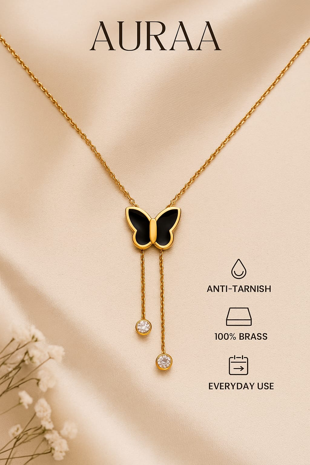 Stainless Steel Golden Black Butterfly Necklace With Drop Stones