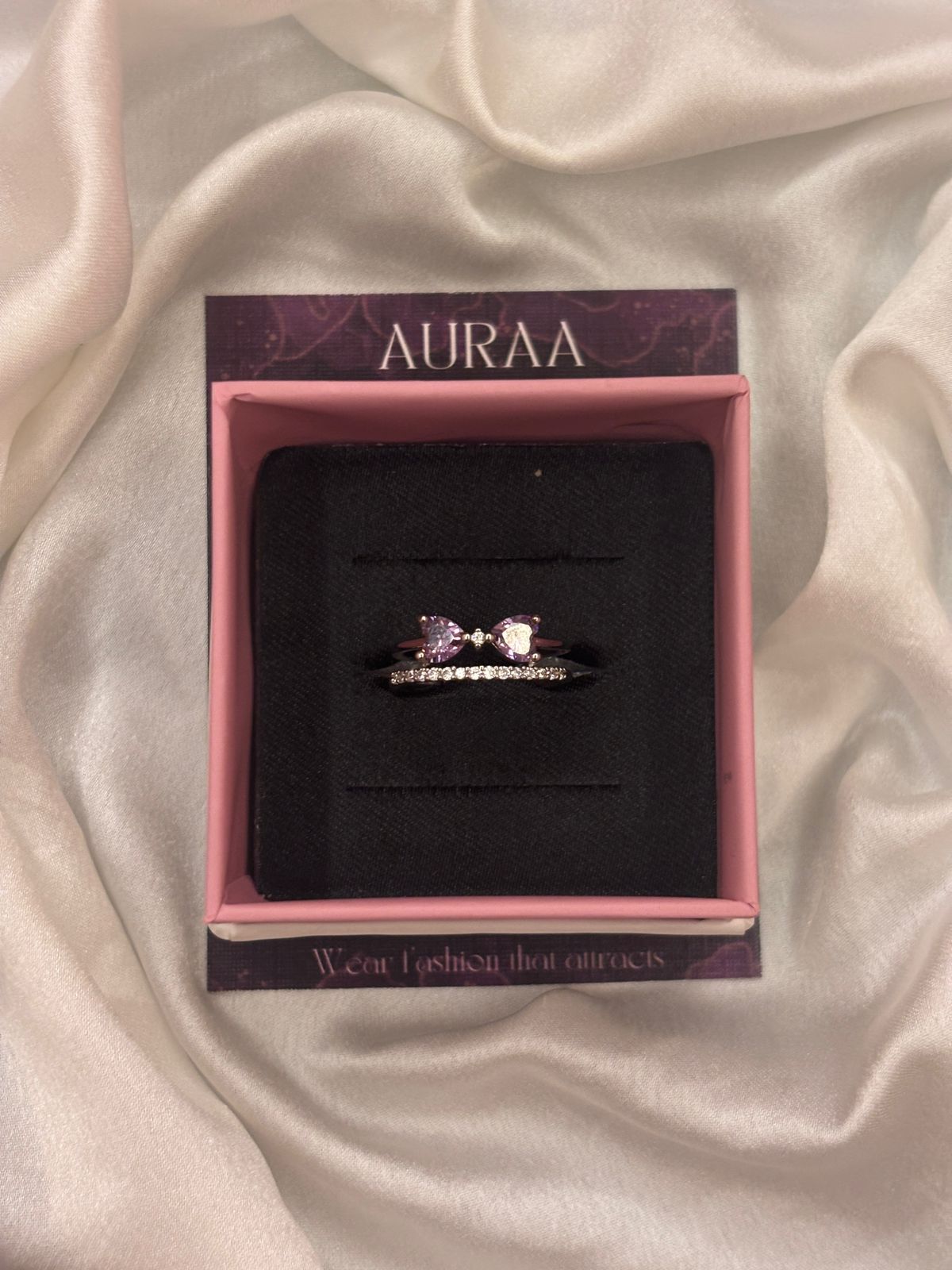 Silver Lavender Bow Stone Studded Adjustable Ring