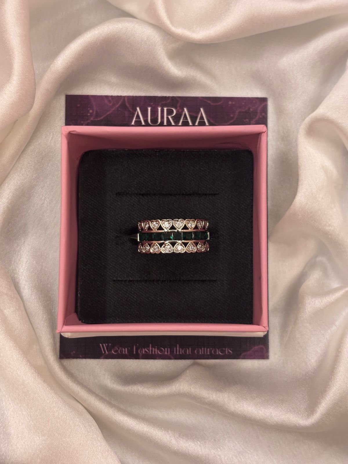 Silver Green Stone Studded Multi Hearts Copper Adjustable Ring