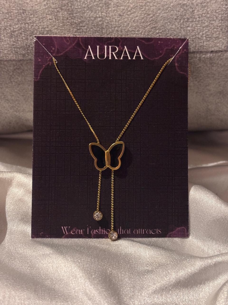 Stainless Steel Golden Black Butterfly Necklace With Drop Stones