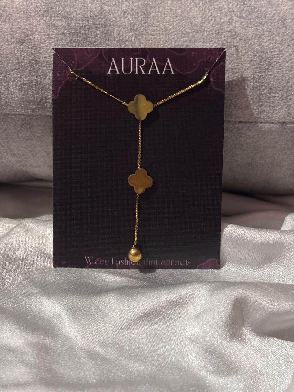 Stainless Steel Golden Clover Pendant Necklace With Drop Ball