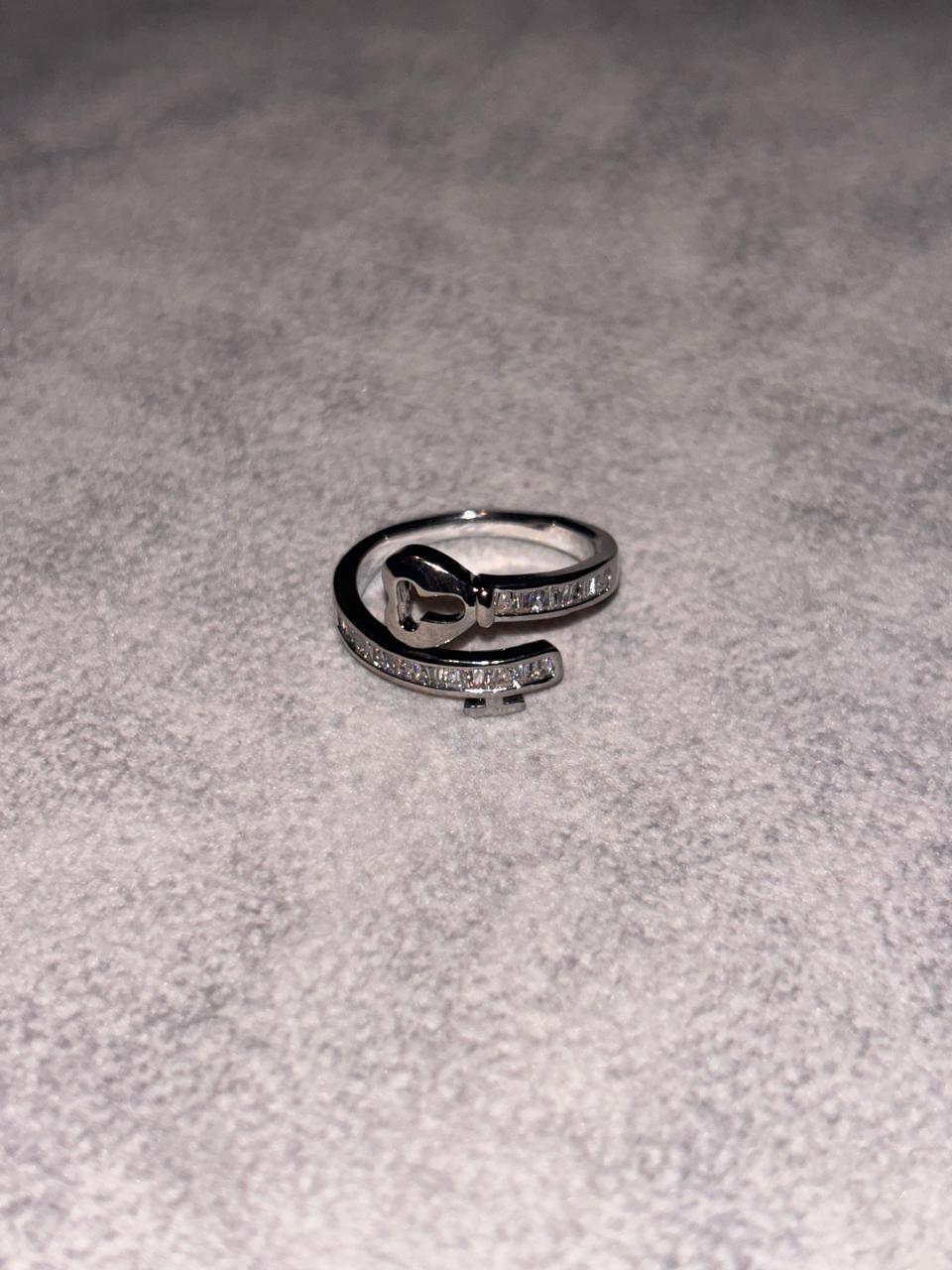 Silver Lock Key Stone Studded adjustable Ring