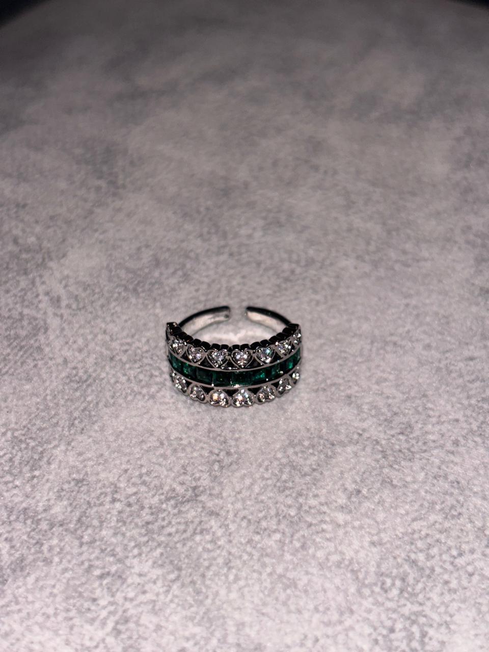 Silver Green Stone Studded Multi Hearts Copper Adjustable Ring