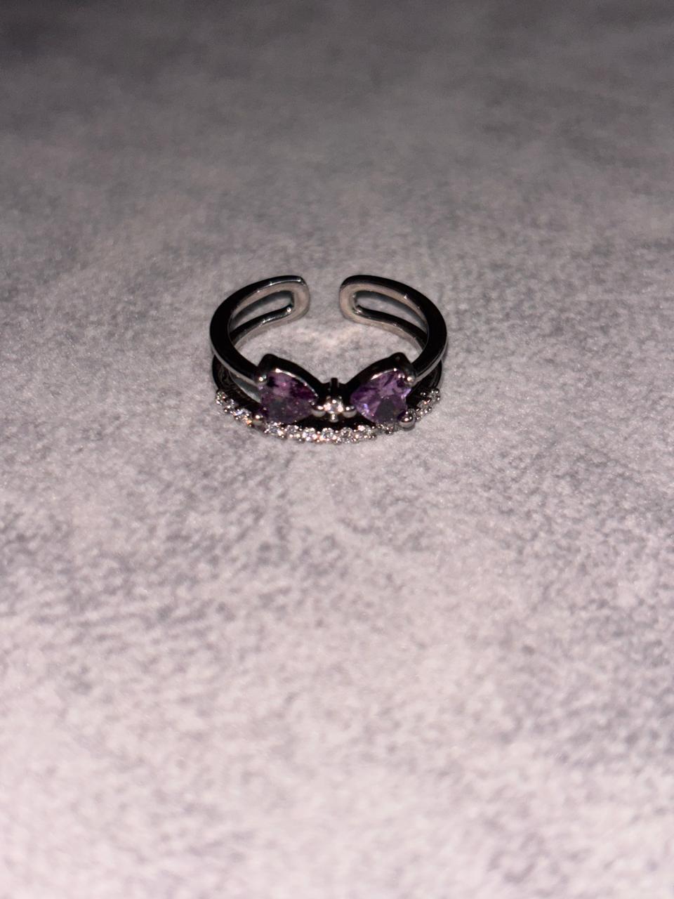 Adjustable Silver Lavender Bow Stone Studded Copper Ring