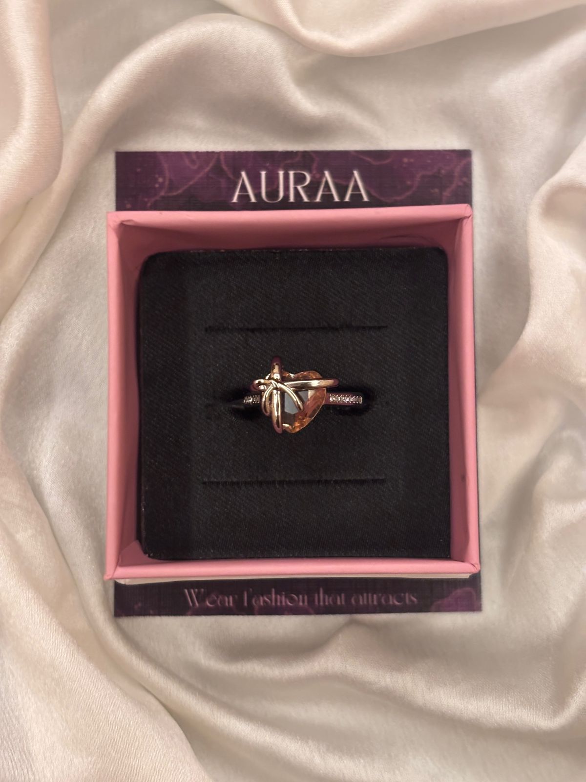 Silver Pink Bow Heart Copper Adjustable Ring