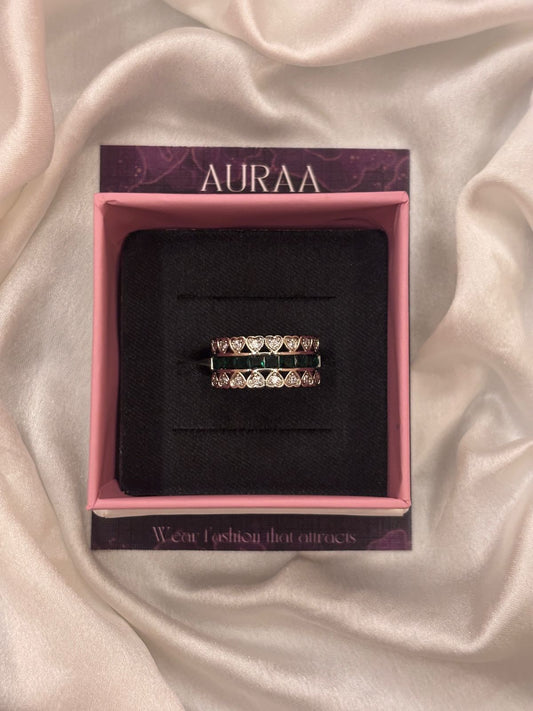 Silver Green Stone Studded Multi Hearts Copper Adjustable Ring