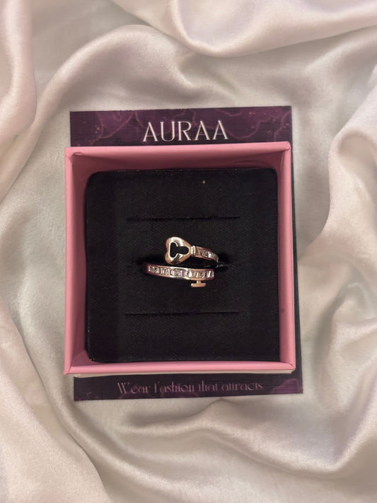 Silver Lock Key Stone Studded adjustable Ring