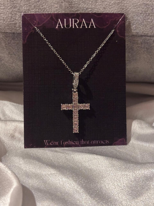 Stainless Steel pink Cross Necklace With Black Heart