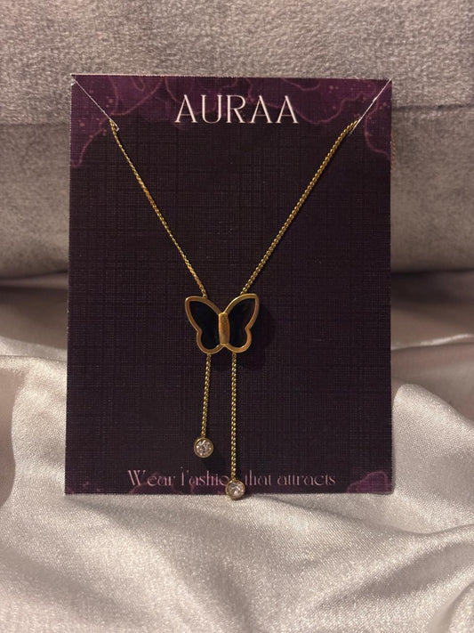 Stainless Steel Golden Black Butterfly Necklace With Drop Stones