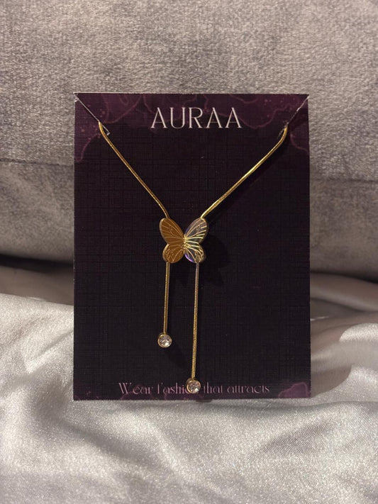Stainless Steel Golden Butterfly Necklace With Drop Stones