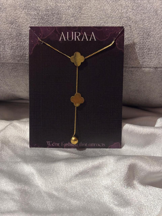 Stainless Steel Golden Clover Pendant Necklace With Drop Ball
