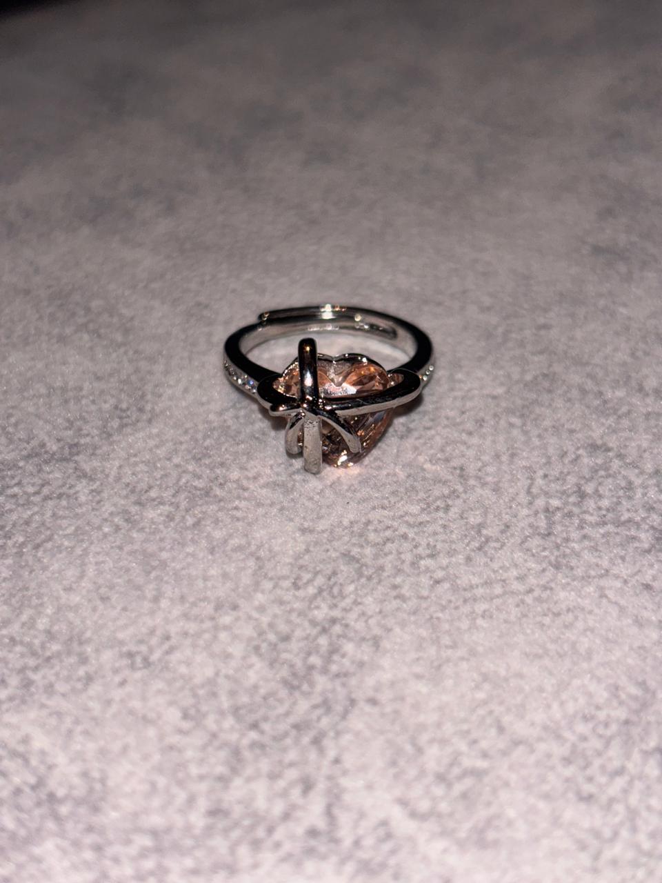 Silver Pink Bow Heart Copper Adjustable Ring