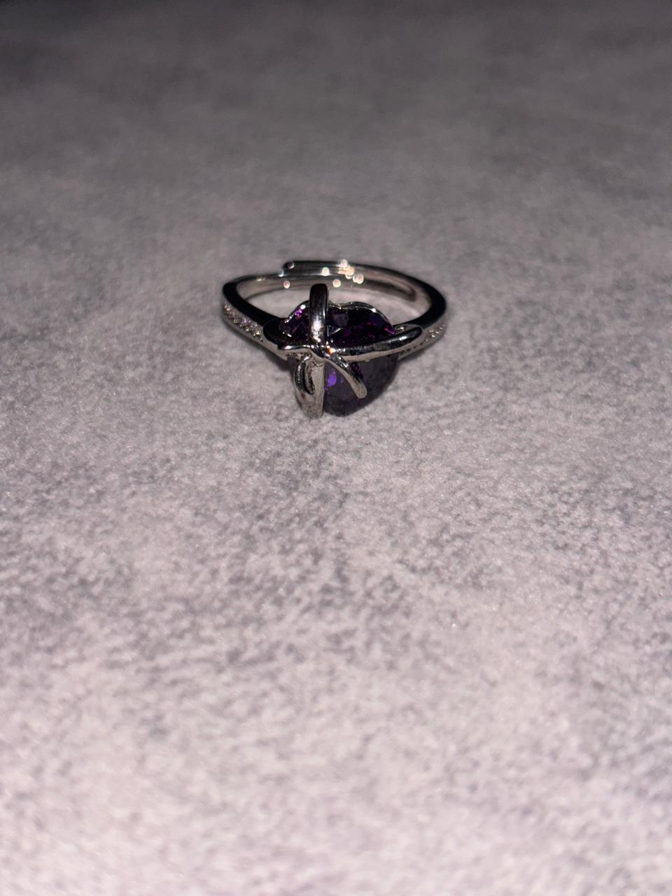 Silver Purple Bow Heart Copper Adjustable Ring
